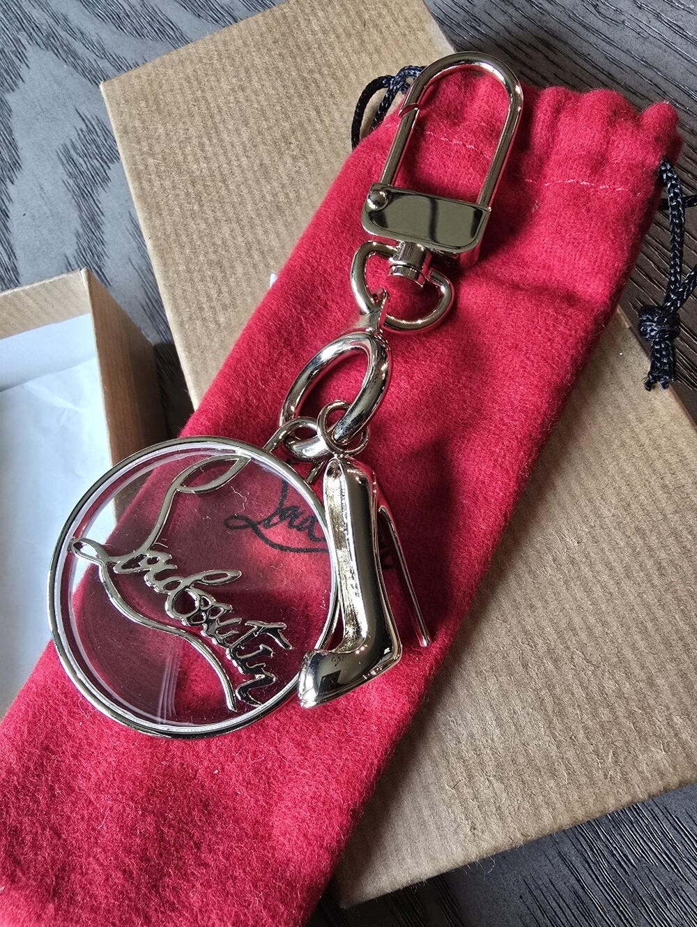 Christian Louboutin Gold-tone Stiletto and Clear Logo Keychain with Red Dustbag